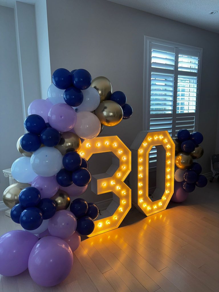 Barrie balloon decor framing marquee numbers that display an age